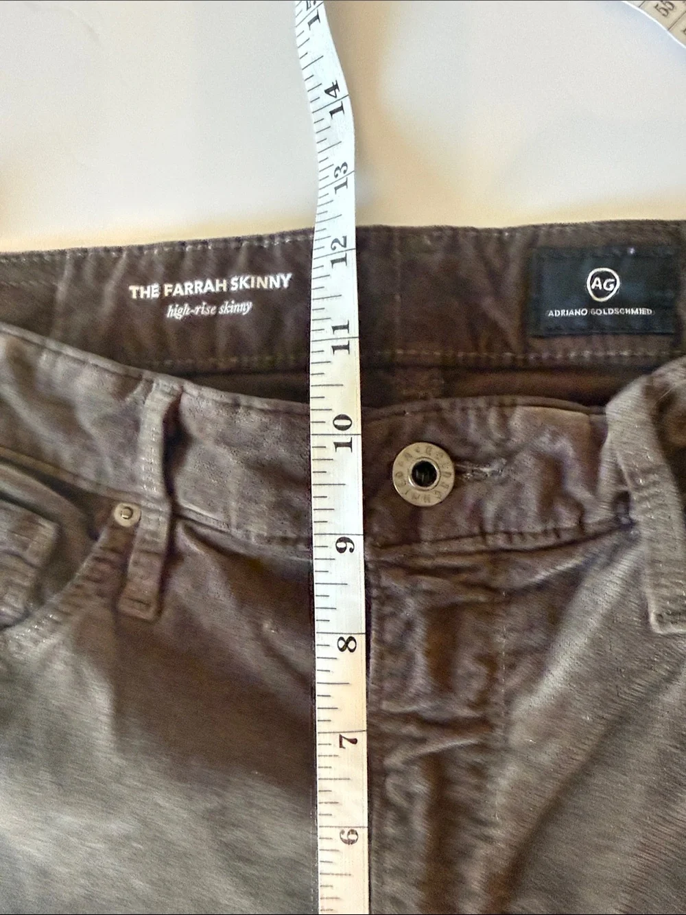 AG Adriano Goldschmied Farrah High Rise Skinny Olive/Brown Velvet Jeans W 29